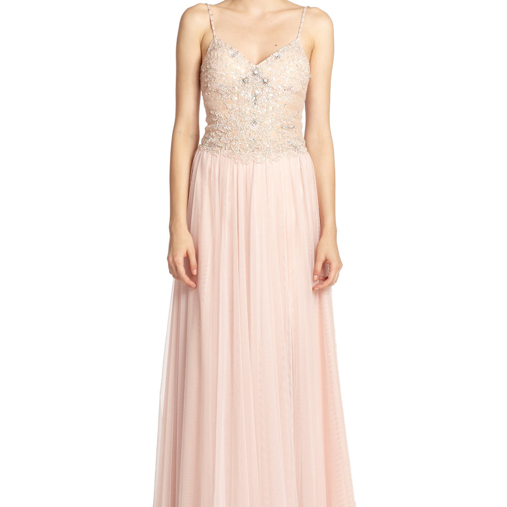 Basix Black Label Pink Tulle Bead Sheer Lace Gown